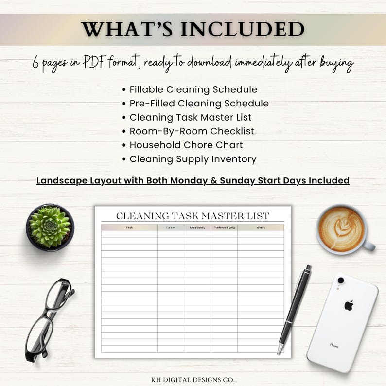 May include: A digital cleaning planner set featuring six PDF pages including a fillable schedule, pre-filled schedule, task master list, room-by-room checklist, chore chart, and supply inventory, with landscape layout and Monday or Sunday start options.