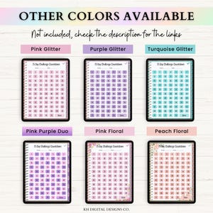 May include: Six digital 75 Day Challenge Countdown planners displayed in a grid. Each planner features a numbered grid from 1 to 75, with headers for date and time. Color options include pink, purple, turquoise, pink-purple duo, and floral designs.