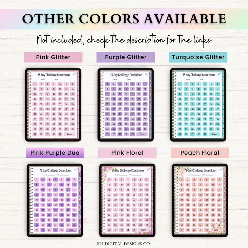 May include: Six digital 75 Day Challenge Countdown planners displayed in a grid. Each planner features a numbered grid from 1 to 75, with headers for date and time. Color options include pink, purple, turquoise, pink-purple duo, and floral designs.
