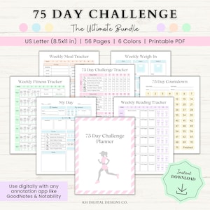 75 Day Challenge Printable Planner | 75 Day Tracker Template | Fitness Journal | Weight Loss Planner | Workout Tracker | 75 Challenge Bundle
