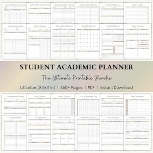 May include: A student academic planner bundle with various printable pages, including trackers, planners, and schedules. The text on the image reads "Student Academic Planner" and "The Ultimate Printable Bundle". The bundle is US Letter size (21.6 x 27.9 cm) and contains 350+ pages.