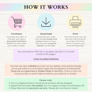 May include: An instructional graphic titled HOW IT WORKS with three icons: a shopping cart for Purchase, a download arrow for Download, and a printer for Print. It specifies 1 PDF file in US letter size 8.5 x 11 inches with 25 pages in rainbow color.