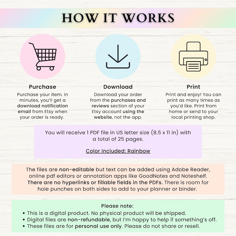 May include: An instructional graphic titled HOW IT WORKS with three icons: a shopping cart for Purchase, a download arrow for Download, and a printer for Print. It specifies 1 PDF file in US letter size 8.5 x 11 inches with 25 pages in rainbow color.