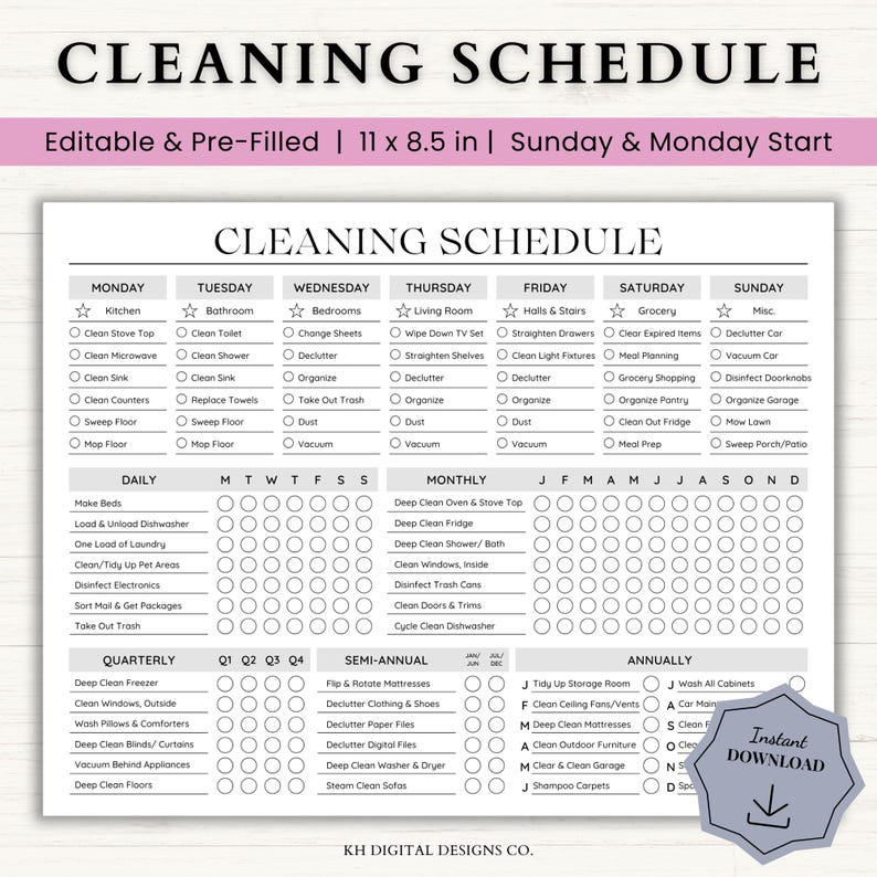 Editable Cleaning Schedule | Adult Chore Chart | Cleaning Planner ...