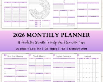 May include: A printable 2026 monthly planner bundle with a US Letter size of 8.5x11 inches. The planner includes pages for goals, habits, reviews, and yearly planning. The pages have a white background with purple accents.