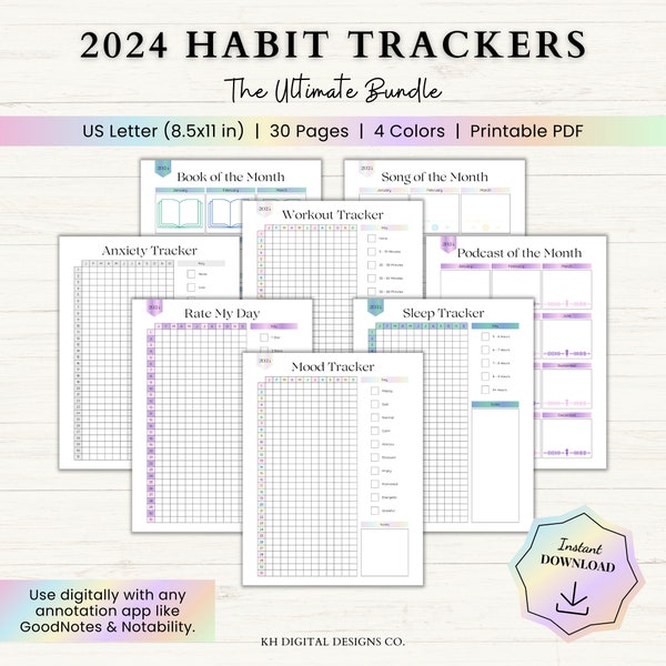 2024 Yearly Habit Tracker Printable Bundle | Mood Tracker | Reading Tracker | Period Tracker | Workout Tracker | Sleep & Dream Tracker | PDF