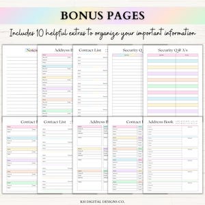 May include: A collection of ten printable planner pages titled BONUS PAGES, featuring pastel-colored headers and sections. The sheets include templates for notes, address books, contact lists, and security questions with organized fields for data entry.
