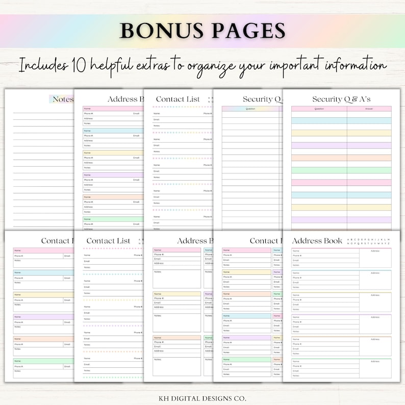 May include: A collection of ten printable planner pages titled BONUS PAGES, featuring pastel-colored headers and sections. The sheets include templates for notes, address books, contact lists, and security questions with organized fields for data entry.