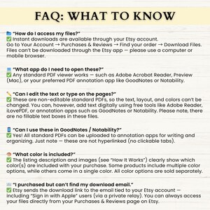 May include: A digital FAQ sheet titled "FAQ: WHAT TO KNOW" with questions and answers about accessing files, opening files, editing text, using in apps, color options, and download emails. The text is in black on a white background.