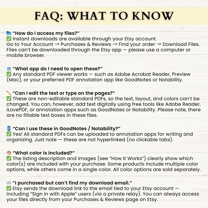 May include: A digital FAQ sheet titled "FAQ: WHAT TO KNOW" with questions and answers about accessing files, opening files, editing text, using in apps, color options, and download emails. The text is in black on a white background.