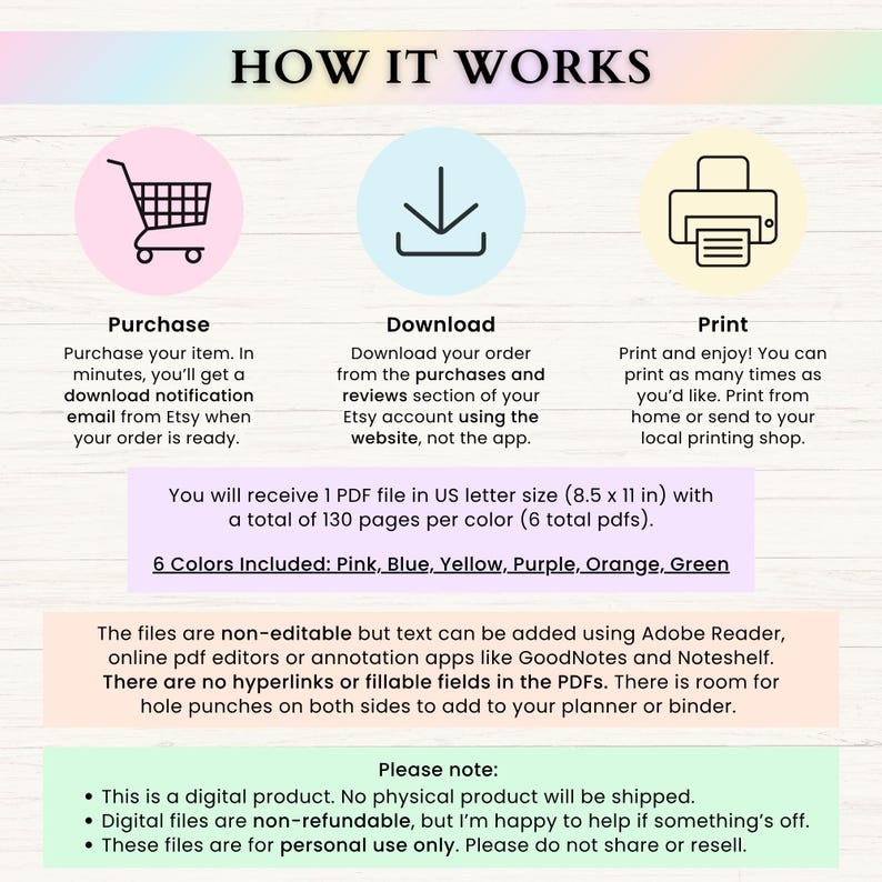 May include: An infographic titled "HOW IT WORKS" with steps for purchasing, downloading, and printing a digital product. The product is a PDF file in US letter size (8.5 x 11 in) with 130 pages per color, available in six colors: pink, blue, yellow, purple, orange, and green.