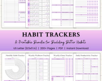 Habit Tracker Printable Bundle | ADHD Routine Tracker | Mood, Period & Self Care Trackers | PDF | Pink Purple