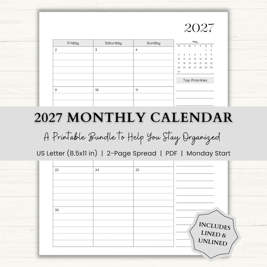 2027 Monthly Calendar Printable | Monday Start, 2-page Spread | Minimal