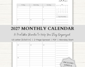 2027 Monthly Calendar Printable | Monday Start, 2-Page Spread | Minimal Monthly Agenda | Lined & Unlined Calendar | PDF | Gray