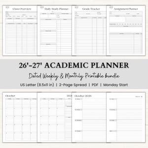 May include: A white academic planner with sections for class overview, daily study, grade tracking, and assignments. The planner includes a dated weekly and monthly printable bundle, with a US Letter size of 21.6 x 27.9 cm.
