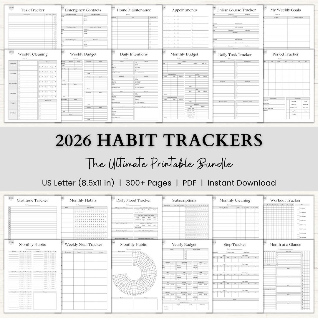 2026 habit tracker printable bundle: minimalist adhd goal planner