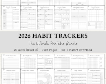 2026 Habit Tracker Printable Bundle: Minimalist ADHD Goal Planner, Reading, Workout & Routine Trackers, Self Care Journal (PDF) – Gray