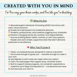 May include: A digital design with the text "CREATED WITH YOU IN MIND." The text describes the product's features, including clean layouts, digital use, and support for busy brains. It is designed for neurodivergent individuals and those seeking better habits.