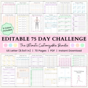 May include: A printable 75-day challenge planner bundle with 70 pages in US Letter size (8.5x11 inches). The planner includes pages for tracking fitness, sleep, meals, workouts, weight, and more. The planner is available in six colors: pink, blue, yellow, green, purple, and orange.