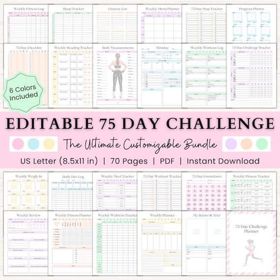 Editable 75 Day Challenge Planner | 75 Soft Challenge Printable | 75 Day Fitness Journal | 75 Medium Challenge Tracker | Fillable Template