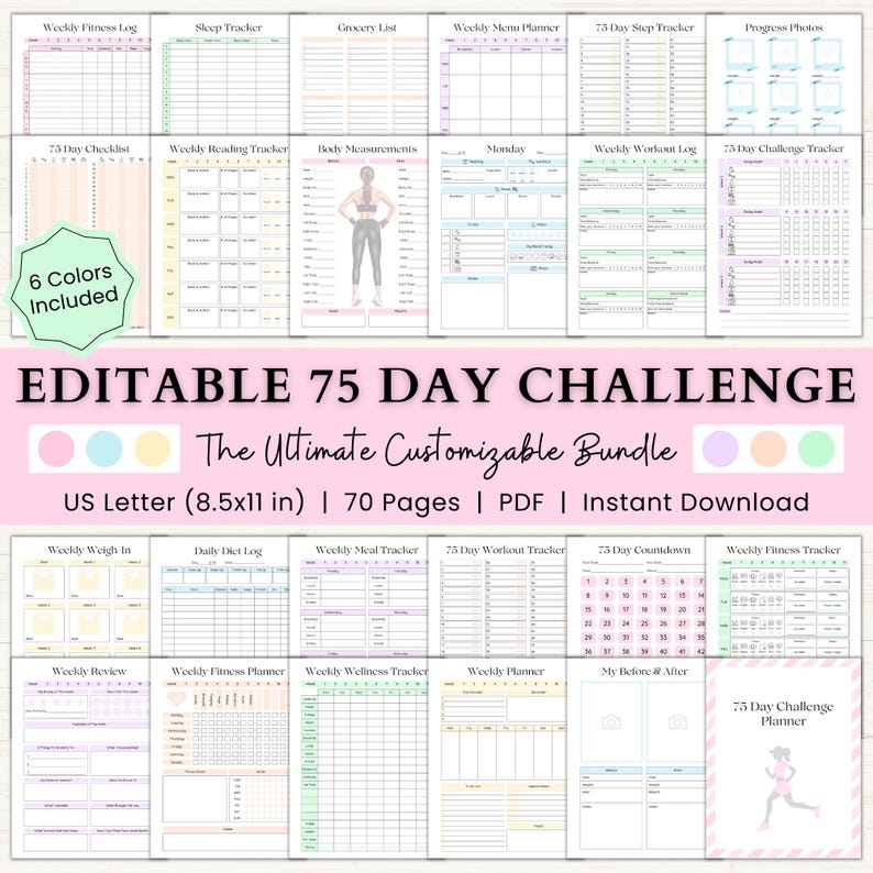 May include: A printable 75-day challenge planner bundle with 70 pages in US Letter size (8.5x11 inches). The planner includes pages for tracking fitness, sleep, meals, workouts, weight, and more. The planner is available in six colors: pink, blue, yellow, green, purple, and orange.