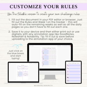 May include: A digital screen displaying a 73-day challenge tracker with a purple and white design. The tracker is divided into 73 days, with each day having a space for a task or goal. The screen also shows a separate page with a list of rules for the challenge, with icons for different activities. The text on the screen reads "73 Day Challenge Tracker" and "73 Day Challenge Rules".