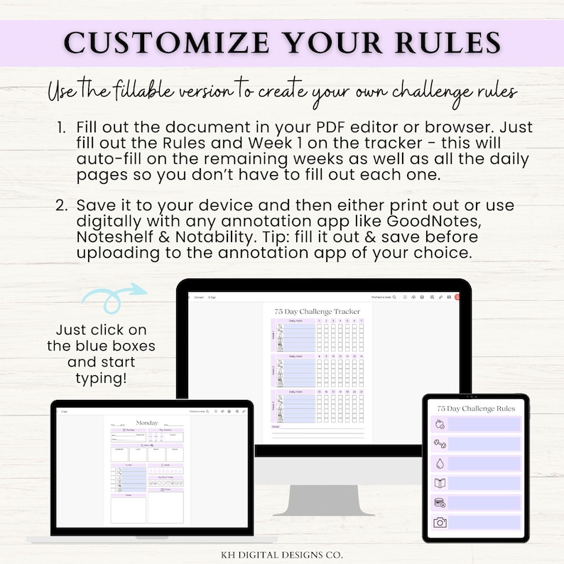 May include: A digital screen displaying a 73-day challenge tracker with a purple and white design. The tracker is divided into 73 days, with each day having a space for a task or goal. The screen also shows a separate page with a list of rules for the challenge, with icons for different activities. The text on the screen reads "73 Day Challenge Tracker" and "73 Day Challenge Rules".