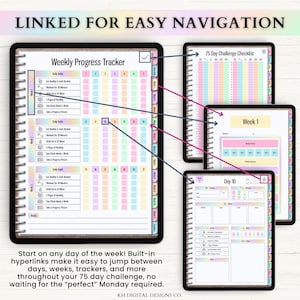 May include: A digital weekly progress tracker planner with a rainbow gradient theme. The layout features a 75-day challenge checklist, daily habit trackers, and hyperlinked tabs for navigation. Text includes 'LINKED FOR EASY NAVIGATION' and 'Weekly Progress Tracker'.