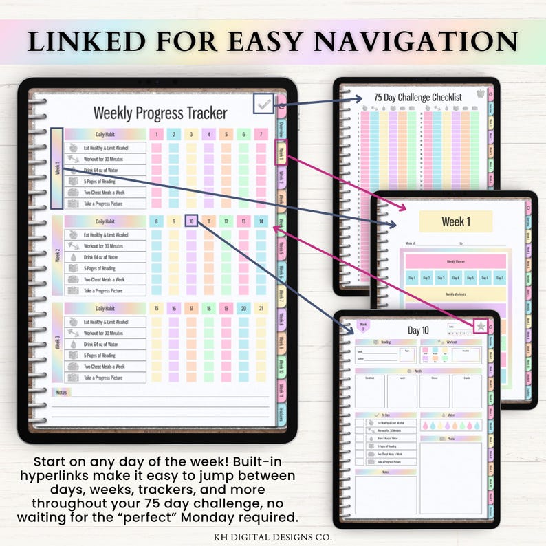May include: A digital weekly progress tracker planner with a rainbow gradient theme. The layout features a 75-day challenge checklist, daily habit trackers, and hyperlinked tabs for navigation. Text includes 'LINKED FOR EASY NAVIGATION' and 'Weekly Progress Tracker'.