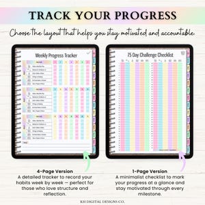 May include: Two digital planner pages displayed side-by-side. The left page is a Weekly Progress Tracker with habit checkboxes and weekly sections. The right page is a 75 Day Challenge Checklist with numbered rows and columns. Both feature colorful tabs.