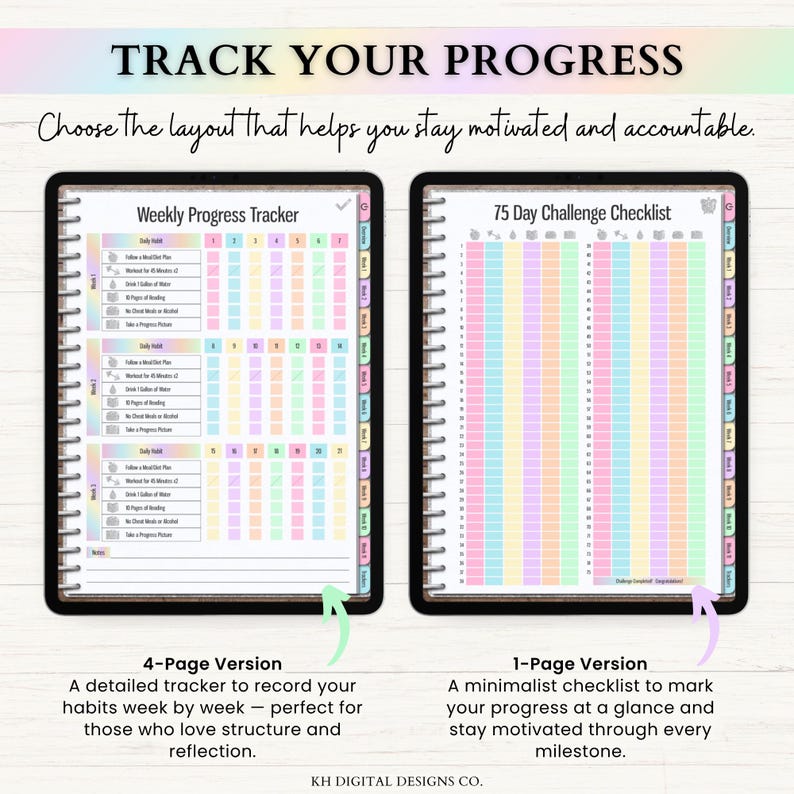 May include: Two digital planner pages displayed side-by-side. The left page is a Weekly Progress Tracker with habit checkboxes and weekly sections. The right page is a 75 Day Challenge Checklist with numbered rows and columns. Both feature colorful tabs.
