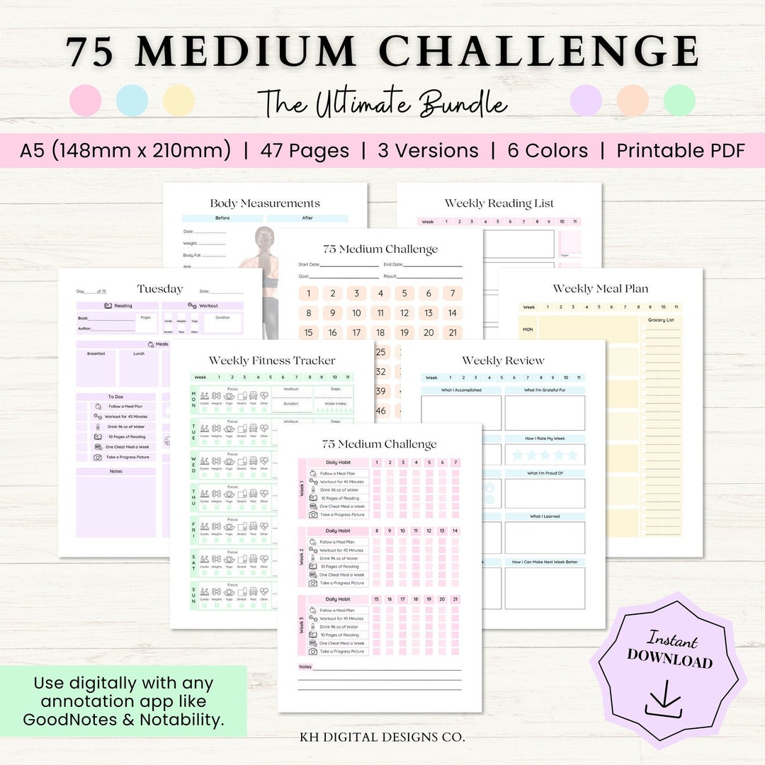 75 Medium Challenge Printable A5 75 Medium Challenge Bundle A5 Workout ...
