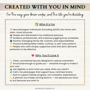 May include: A digital informational graphic with the text CREATED WITH YOU IN MIND and For the way your brain works, and the life you're building. It lists Who It's For and Why You'll Love It with bullet points using icons for organization.
