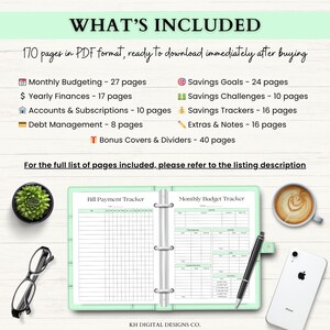 May include: A digital planner with a mint green cover, open to reveal a Bill Payment Tracker and a Monthly Budget Tracker. The image includes a succulent, glasses, a pen, a phone, and a coffee cup. Text on the page lists included pages for budgeting and finances.