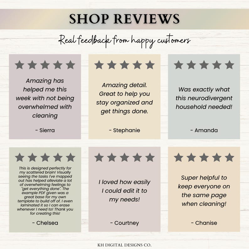 May include: A graphic display titled SHOP REVIEWS with the subtitle Real feedback from happy customers. It features six customer testimonials in pastel-colored boxes, each with five dark gray stars, individual review text, and a customer name.