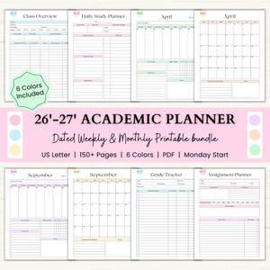 Op de afbeelding: Een verzameling afdrukbare academische planners met verschillende lay-outs, waaronder klasoverzichten, dagelijkse studieplanners, maandkalenders en opdrachttrakkers. De planners zijn in US Letter-formaat, met meer dan 150 pagina's en 6 kleuropties. De tekst luidt "26'-27' ACADEMIC PLANNER".