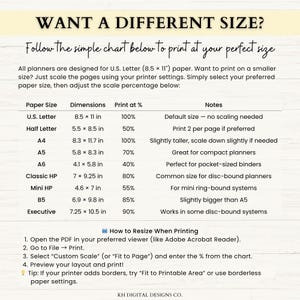 May include: A printable guide with a chart detailing paper sizes and scaling percentages for printing planner pages. Includes dimensions in inches for U.S. Letter, Half Letter, A4, A5, A6, Classic HP, Mini HP, B5, and Executive sizes. Instructions are also provided.