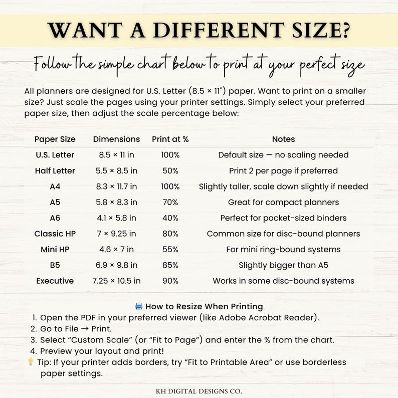 May include: A printable guide with a chart detailing paper sizes and scaling percentages for printing planner pages. Includes dimensions in inches for U.S. Letter, Half Letter, A4, A5, A6, Classic HP, Mini HP, B5, and Executive sizes. Instructions are also provided.