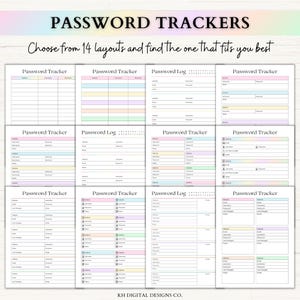 May include: A collection of 12 printable password tracker and log sheets featuring various grid layouts, pastel-colored rows, and headers labeled Password Tracker or Password Log. The text reads PASSWORD TRACKERS and Choose from 14 layouts.