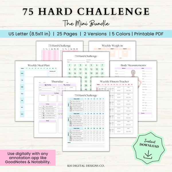 75 Hard Challenge Printable | 75 Day Hard Challenge Template | Workout Plan | 75 Challenge Bundle | Hard Challenge | 75 Day Challenge | PDF