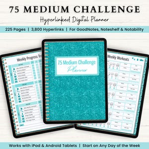 Op de afbeelding: Een digitale planner in turquoise blauw met een glinsterende textuur. De planner heeft de titel "75 Medium Challenge Planner". De planner is ontworpen voor gebruik met iPad en Android-tablets. De planner heeft 225 pagina's en 3.800 hyperlinks. De planner is compatibel met GoodNotes, Noteshelf en Notability.