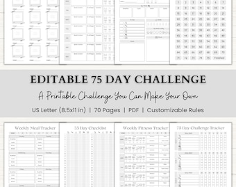 Editable 75 Day Challenge Planner | Workout & Fitness Tracker | 75 Soft Medium Challenge Journal | Printable PDF | Gray