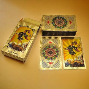 Jeu de tarots doré, jeu de cartes de tarot avec guide, coffret cadeau de luxe.