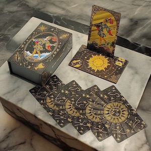 Jeu de tarots doré noir, jeu de cartes de tarot avec guide, coffret cadeau de luxe.