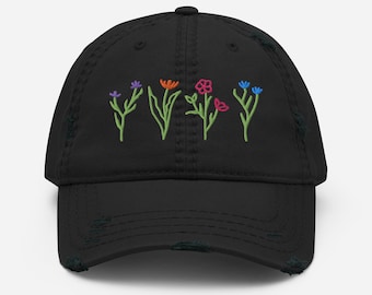刺繍入りワイルドフラワーサマーダメージ加工ハットまたはビーチハット