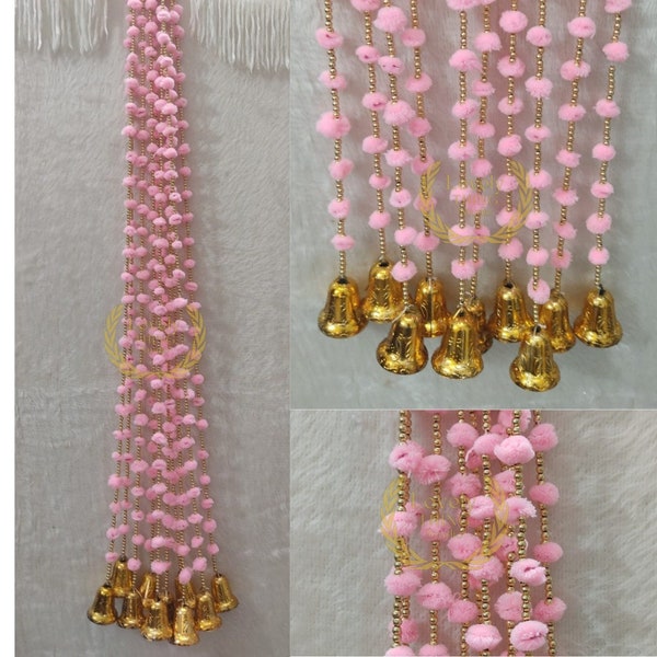 Pastel Pink Indian Wedding Backdrop Decorative Pompom Bell String / Pompom Garlands / Mhendi Decor/Haldi Decor/Stage Backdrop/Free shipping