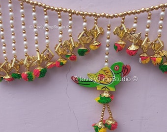 Treditional Handmade Hanging, Bandarwal With Pom Pom, Beads And Wood Parrot For Door Decoration, Temple Door Decoration Free Shiping.