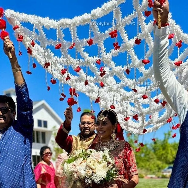 White and red hanging flowers with pearl beads phoolo ki Chadar, Birdal entry Chadar,Bride Entry Floral Net,Decorative Floral Net/Wedding