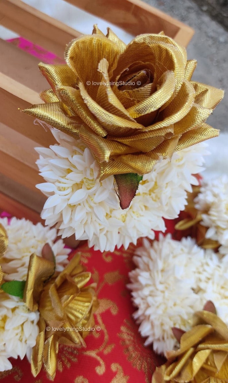 Artificial Jasmine Golden Rose wedding Gajra,Hand Gajra, Hair Accessories, Handmade Indian Wedding Floral Jewelry, Mayoon Jewelry, Hair bun image 4