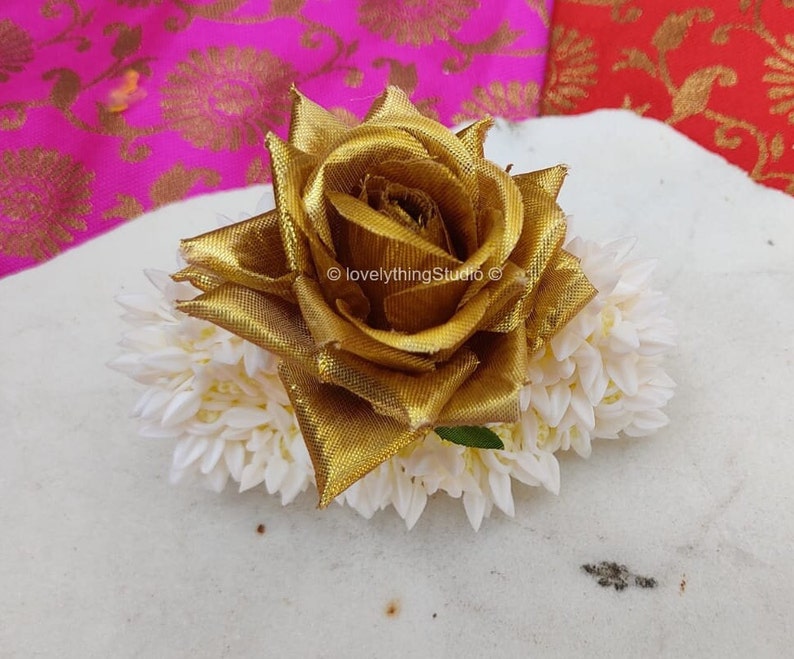 Artificial Jasmine Golden Rose wedding Gajra,Hand Gajra, Hair Accessories, Handmade Indian Wedding Floral Jewelry, Mayoon Jewelry, Hair bun image 6